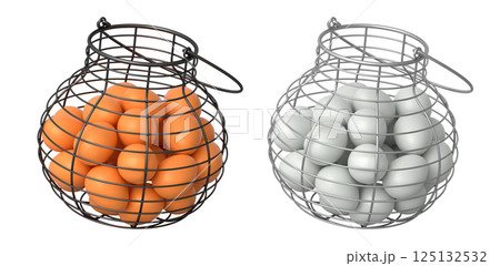 Wire baskets filled with eggs, isolated on white transparent background, concept of kitchen storage Wire baskets filled with eggs, isolated on white transparent background, concept of kitchen storage 125132532