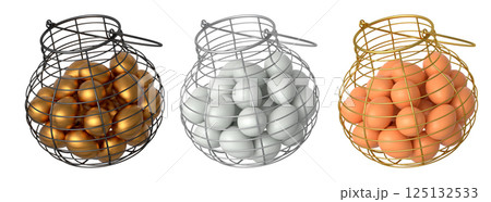 Wire baskets filled with eggs, isolated on white transparent background, concept of kitchen storage Wire baskets filled with eggs, isolated on white transparent background, concept of kitchen storage 125132533