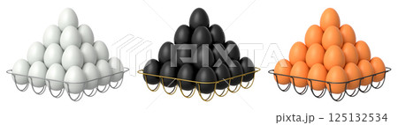 Metal trays filled with neatly stacked brown, white and black eggs, isolated on white transparent background. 125132534