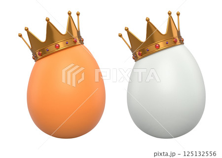 Brown and white eggs adorned with golden crowns with red gemstones, isolated on white transparent background. Brown and white eggs adorned with golden crowns with red gemstones, isolated on white transparent background. 125132556