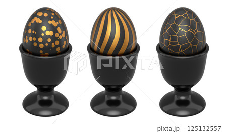 Elegant black eggs with gold patterns in glossy black egg cups, isolated on white transparent background. Elegant black eggs with gold patterns in glossy black egg cups, isolated on white transparent background. 125132557