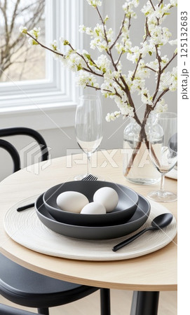 Stylish Easter table setting with black and white contrast, white eggs in black plate, apple branch Stylish Easter table setting with black and white contrast, white eggs in black plate, apple branch 125132683