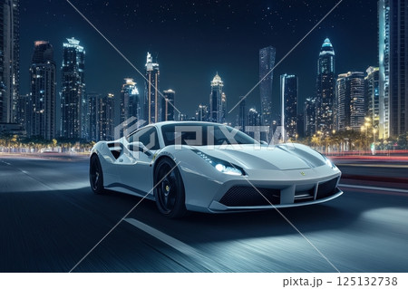 White Ferrari Driving Through Night Cityscape 125132738