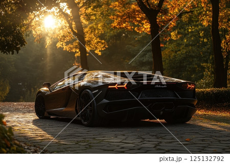 Black Lamborghini Aventador in Autumn Sunlight 125132792