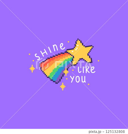 Square pride poster with shooting star and phrase Shine Like You. LGBT banner in pixel style. Hand drawn vector illustration. Square pride poster with shooting star and phrase Shine Like You. LGBT banner in pixel style. Hand drawn vector illustration. 125132808
