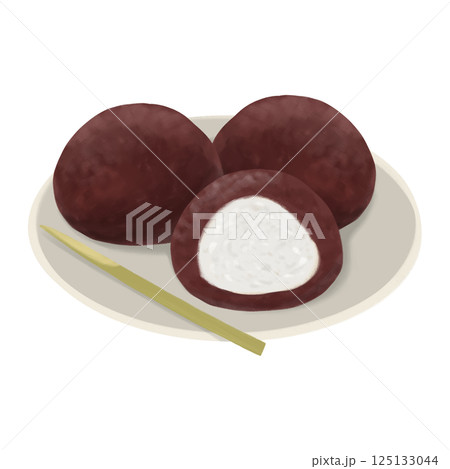 春と秋のお彼岸に食べる、皿に盛った美味しそうなぼたもち・おはぎのイラスト 125133044