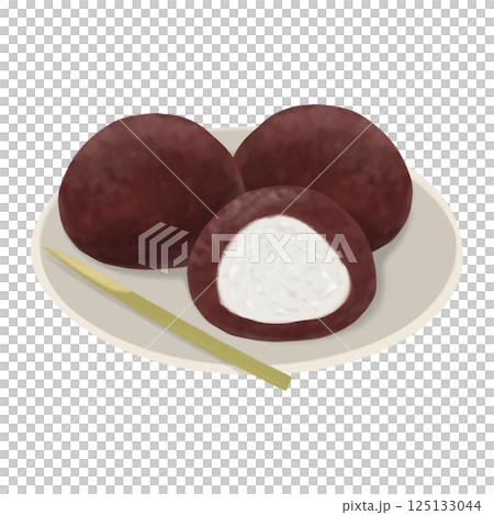 春と秋のお彼岸に食べる、皿に盛った美味しそうなぼたもち・おはぎのイラスト 125133044