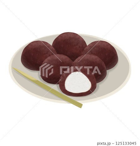 皿に盛った土用餅のイラスト、無病息災を願って土用の丑の日に食べるあんころ餅 125133045