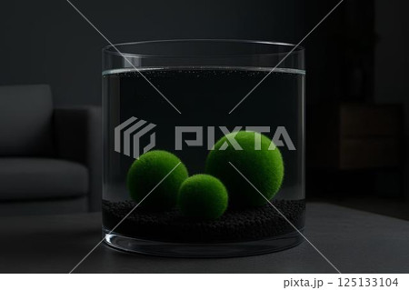 Three green balls of Marimo moss (Cladophora globularis) on black ground in a clear water aquarium with interior background . Three green balls of Marimo moss (Cladophora globularis) on black ground in a clear water aquarium with interior background . 125133104