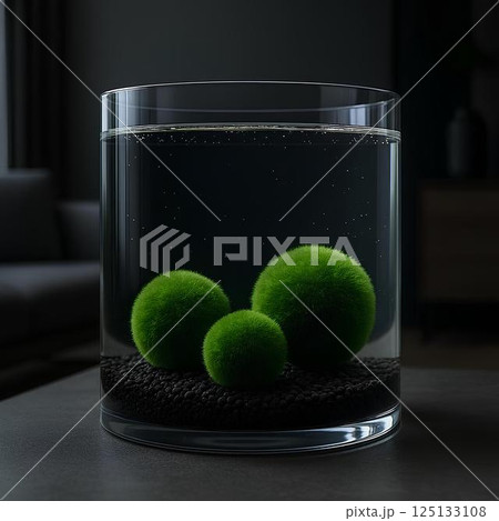 Three green balls of Marimo moss (Cladophora globularis) on black ground in a clear water aquarium with interior background . 125133108