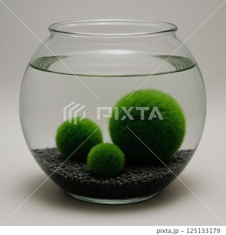Close-up of three green balls of moss Marimo (Cladophora globularis) on black ground in a transparent aquarium with water on a gray background with a place for text. Close-up of three green balls of moss Marimo (Cladophora globularis) on black ground in a transparent aquarium with water on a gray background with a place for text. 125133179