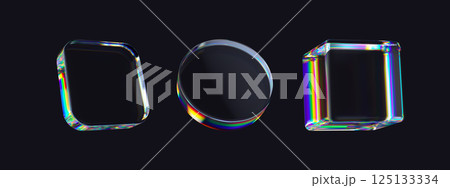 Set of 3d transparent glossy abstract primitives or shapes with dispersion effect. Rainbow colors reflection glass. Vector illustration. 125133334