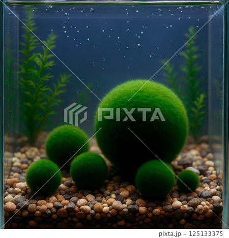 Bright green balls of cladophora (marimo) moss on light colored sandy soil at the bottom of the aquarium surrounded by aquatic plants.  125133375