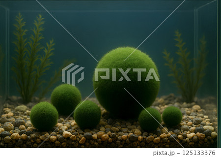 Bright green balls of cladophora (marimo) moss on light colored sandy soil at the bottom of the aquarium surrounded by aquatic plants.  125133376
