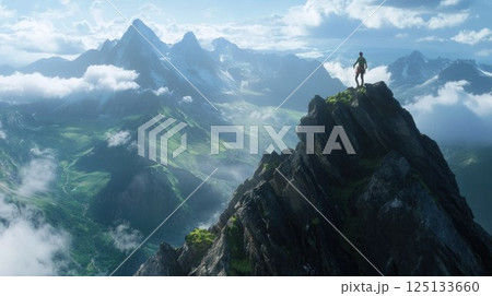 A hiker stands atop a mountain peak, overlooking valleys. 125133660