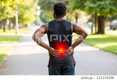 Athletic man holding lower back in pain after exercise standing outdoors in park on sunny day injury muscle discomfort Athletic man holding lower back in pain after exercise standing outdoors in park on sunny day injury muscle discomfort 125134206