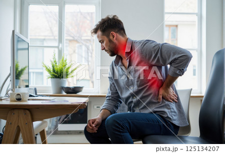 Office worker suffering from severe back and neck pain while sitting at computer desk during long work hours, showing discomfort from poor posture and sedentary lifestyle 125134207