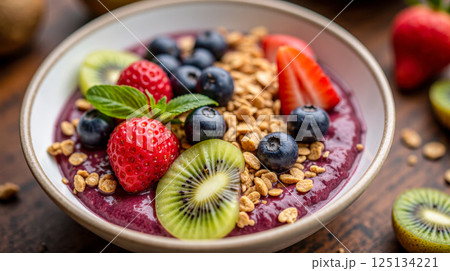 Colorful breakfast bowl with fresh strawberries, blueberries, kiwi, granola and mint leaves in ceramic dish on rustic wooden table surface Colorful breakfast bowl with fresh strawberries, blueberries, kiwi, granola and mint leaves in ceramic dish on rustic wooden table surface 125134221