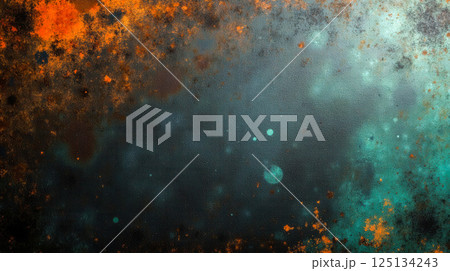 Rust texture with orange corrosion stains and teal oxidized background for industrial design, grunge backdrop, metal surface, abstract vintage look 125134243