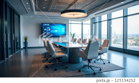 Modern boardroom with white chairs, large table, city view, digital screen, bright professional office, glass walls, corporate workspace, contemporary interior design Modern boardroom with white chairs, large table, city view, digital screen, bright professional office, glass walls, corporate workspace, contemporary interior design 125134252