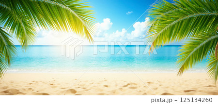 Tropical beach with palm trees golden sand turquoise water sunny day blue sky fluffy clouds serene scenic travel relaxation paradise nature Tropical beach with palm trees golden sand turquoise water sunny day blue sky fluffy clouds serene scenic travel relaxation paradise nature 125134260