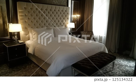 Luxurious hotel bedroom with king-size bed, upholstered headboard, nightstands, and armchair. 125134322