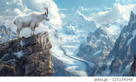 Majestic mountain goat perched on cliff overlooking snow-capped peaks and glacier valley. 125134349