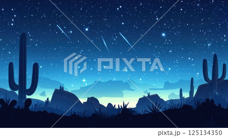 Starry night desert landscape with cacti silhouettes and shooting stars. 125134350