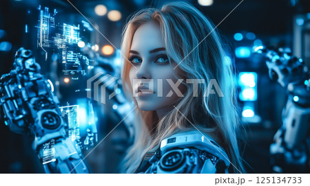 A woman interacts with artificial intelligence technology. The concept of AI integration, human-machine collaboration, and technological advancement. Generative AI. 125134733