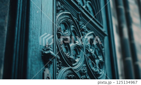 Ornate dark blue wooden door detail. 125134967