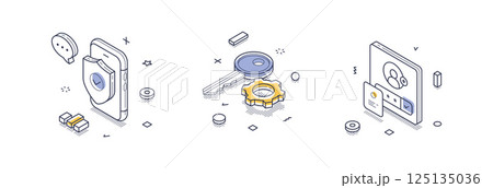 Isometric line icons representing internet security concepts and digital protection tools Isometric line icons representing internet security concepts and digital protection tools 125135036