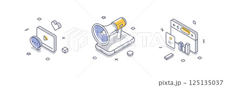 Isometric line icons for social media communication and engagement Isometric line icons for social media communication and engagement 125135037