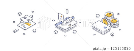 Isometric line icons representing business solutions and financial management elements 125135050
