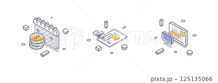 Visual representation of financial report concepts with isometric line icons in modern style 125135066