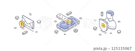 Isometric line icons showcasing various aspects of personal data management in modern applications Isometric line icons showcasing various aspects of personal data management in modern applications 125135067