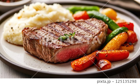 Grilled steak with mashed potatoes and roasted vegetables. 125135298