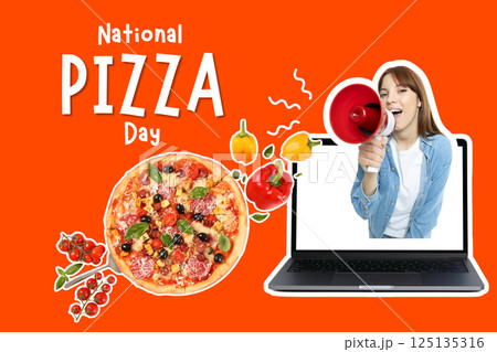 Pizza day, pizza with dough on an orange background Pizza day, pizza with dough on an orange background 125135316