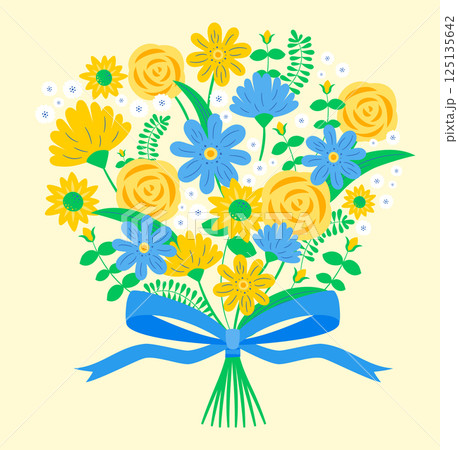 父の日の黄色いバラとひまわりの花束・ブーケ手書きイラスト:広告バナー背景などに最適 125135642