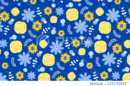 父の日の夏らしいバラやひまわりのシームレスパターン花柄背景イラスト 125135647