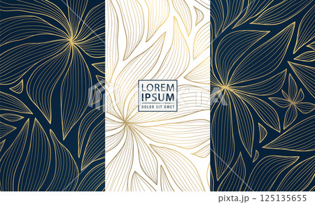 Vector set of gold line leaves, floral luxury royal design, wedding frames, perfume, wine labels. Vintage nature jewelry, soap, beauty product package. 125135655