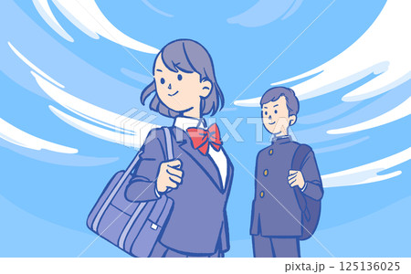 青空の下で制服を着た学生男女 125136025