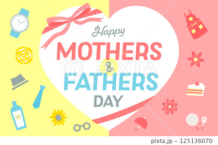 父の日と母の日のカーネーションやバラの花とギフトプレゼントのハートリボン背景フレームセット_イベント 125136070