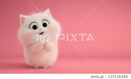 White fluffy cat smiling on the pink background	 125136388