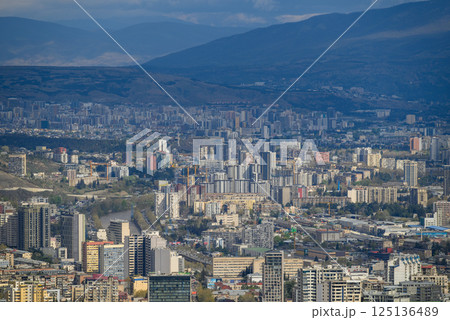 Cityscape of Tbilisi, capital of Georgia, aerial panoramic view from Mtatsminda Park 125136489