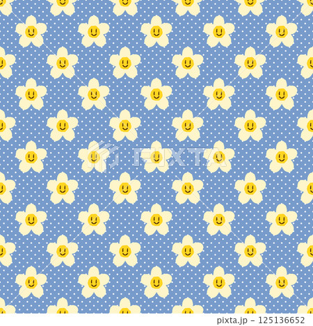 スマイル フラワーのパターン背景素材 スウォッチ対応 ホワイト×ブルー スマイル フラワーのパターン背景素材 スウォッチ対応 ホワイト×ブルー 125136652