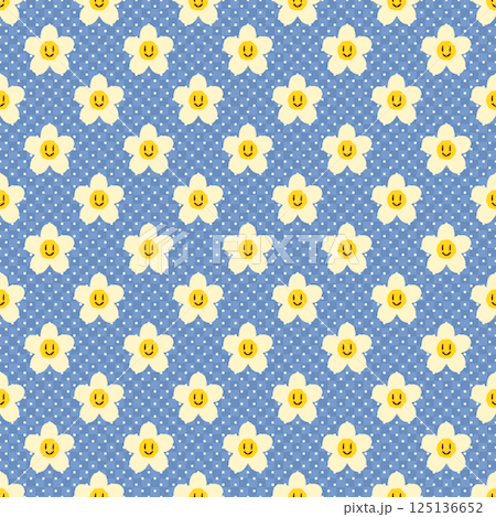 スマイル フラワーのパターン背景素材 スウォッチ対応 ホワイト×ブルー スマイル フラワーのパターン背景素材 スウォッチ対応 ホワイト×ブルー 125136652
