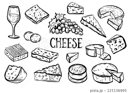 Cheese collection. Set of ink sketches. Hand drawn	 125136995