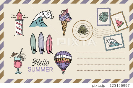 Hello summer, card, Postcard, mail, hand drawn illustrations. 125136997