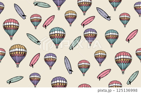 Hello Summer, pattern with air balloon, surfboard and wave, hand drawn illustration. Hello Summer, pattern with air balloon, surfboard and wave, hand drawn illustration. 125136998