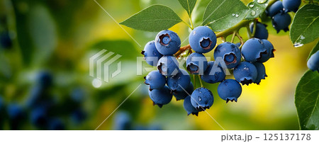 Wet blueberries hanging from the branch. Shadow horizontal background 125137178